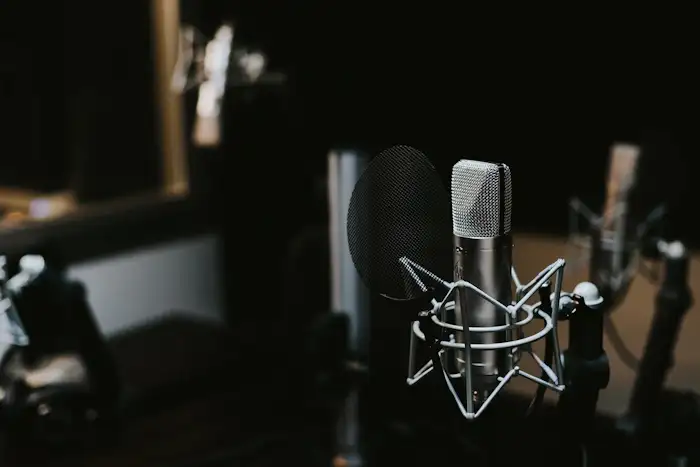 A studio microphone in a dark recording room