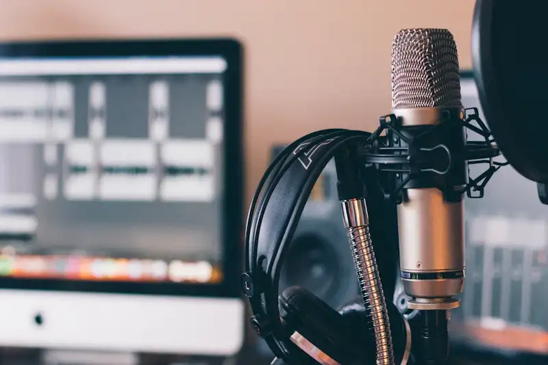 A studio microphone and headphones in front of a computer screen